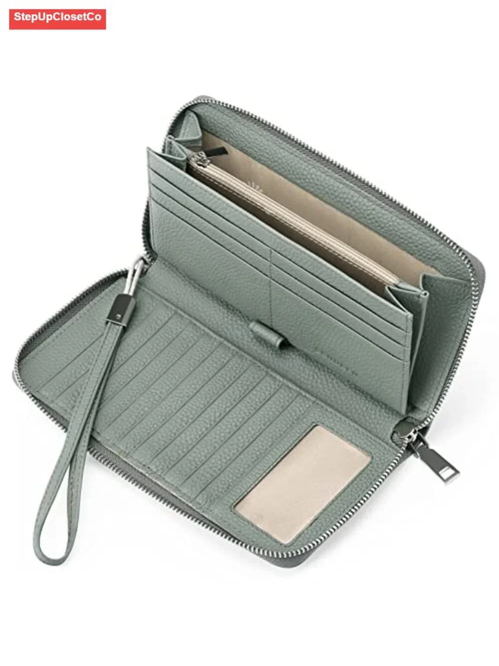 Leather RFID Blocking Zip Around Large Capacity Long Wallet with Wristlet